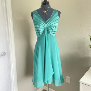 Vintage teal silk dress mesh panels midi dress